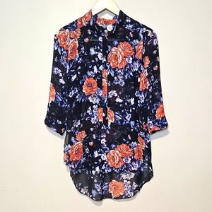 Wilfred Aritzia Silk Floral Semi Sheer Blouse Mandarin Collar Puff Sleeve Sz S